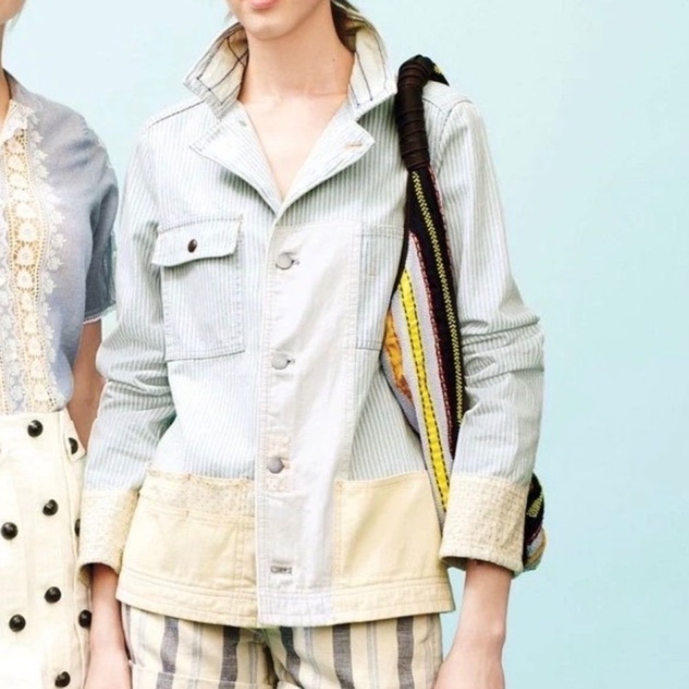Holding Horses Anthropologie Striped Patchwork Chore Jacket Blue Cream Size‎ M